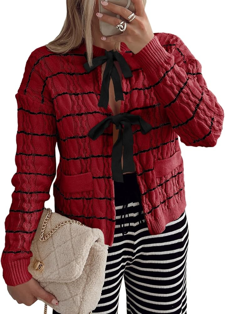 Saodimallsu Womens Striped Tie Front Cardigan Sweaters Crew Neck Long Sleeve Cable Knit Bow Knot ... | Amazon (US)