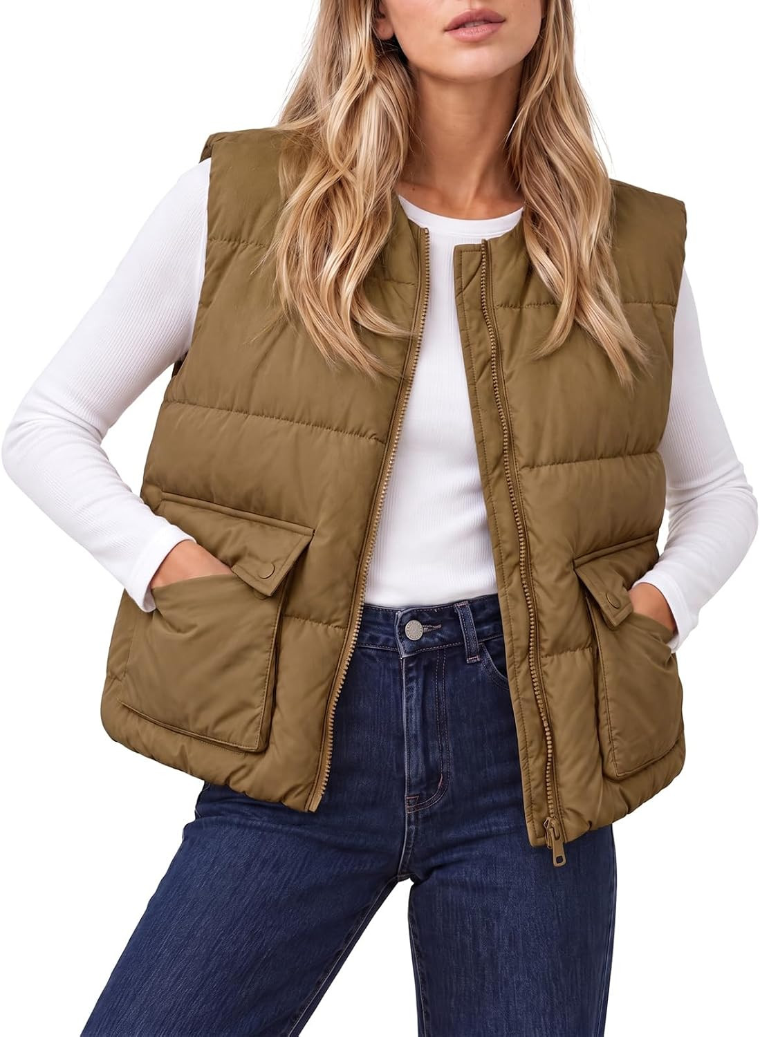Fisoew Womens Cropped Puffer Vest Zip Up Sleeveless Outerwear with Pockets | Amazon (US)
