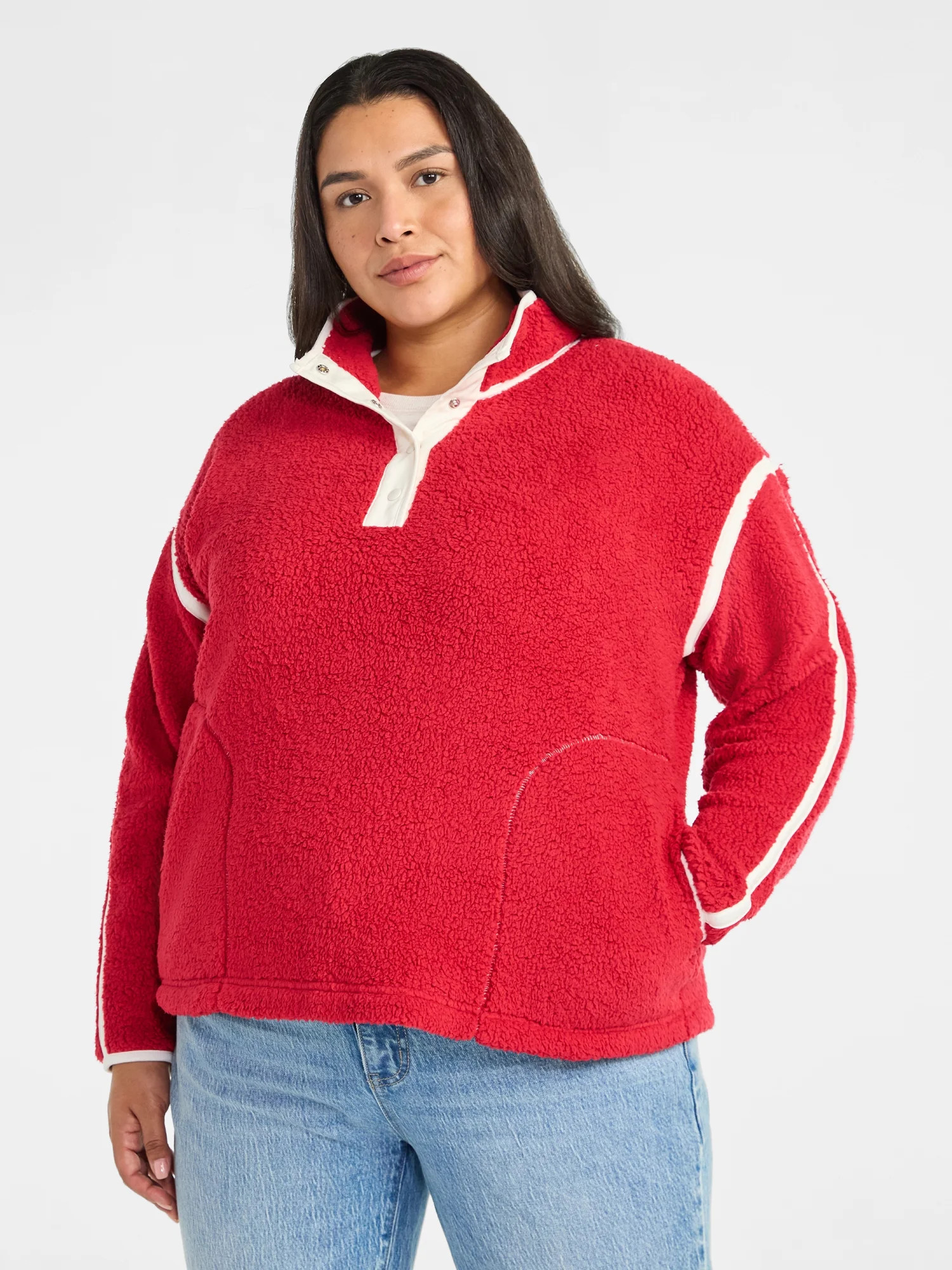 Terra & Sky Women's Plus Size Faux Shearling Quarter Snap Pullover, Sizes 0X-4X | Walmart (US)