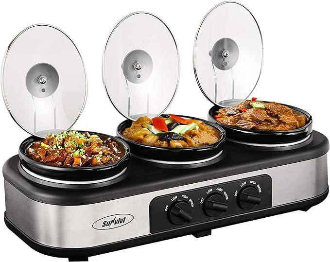 Sunvivi Triple Slow Cooker Buffet Server - 1.5 Quart Ceramic Pots with Adjustable Temp and Lid Re... | Amazon (US)