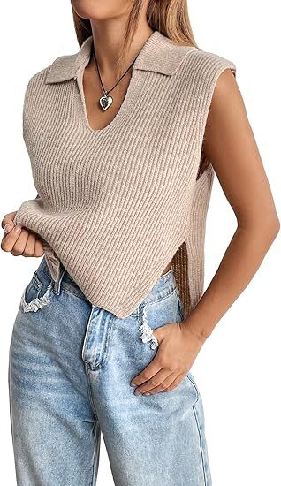 GORGLITTER Women's Split Sweater Tank Vest Sleeveless V Neck Collared Slit Knitwear | Amazon (US)