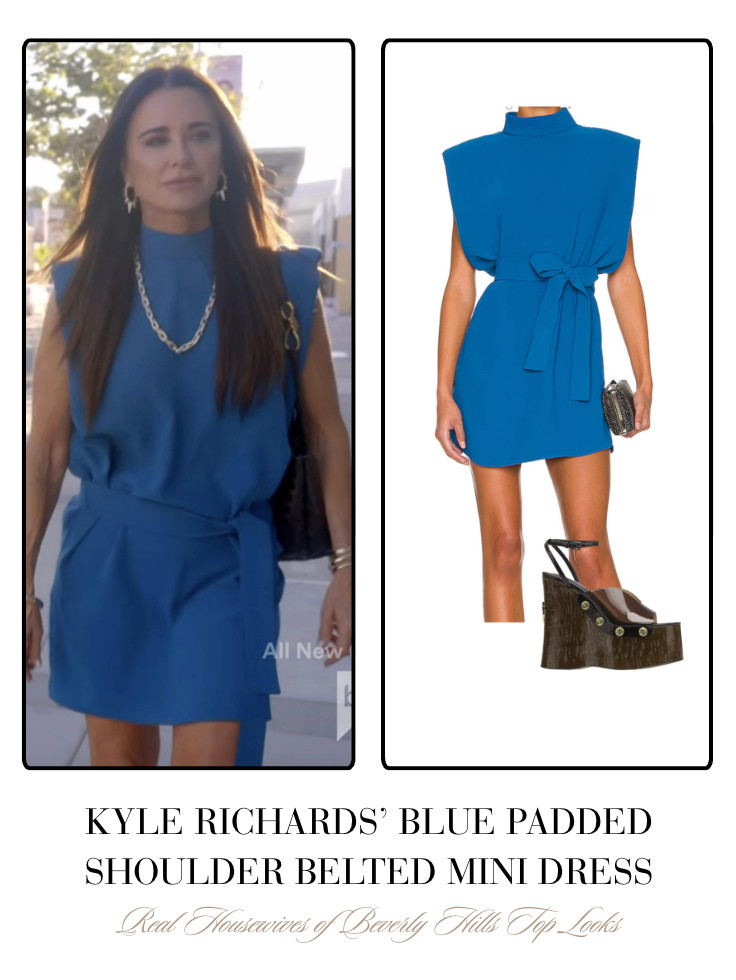 Kyle Richards' Blue Padded Shoulder Belted Mini Dress 

 