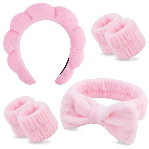 Chanaco Spa Wristband and Pink Puffy Sponge Makeup Headband Set for Face Washing, Skin Care, Teen Girl Gifts | Amazon (US)