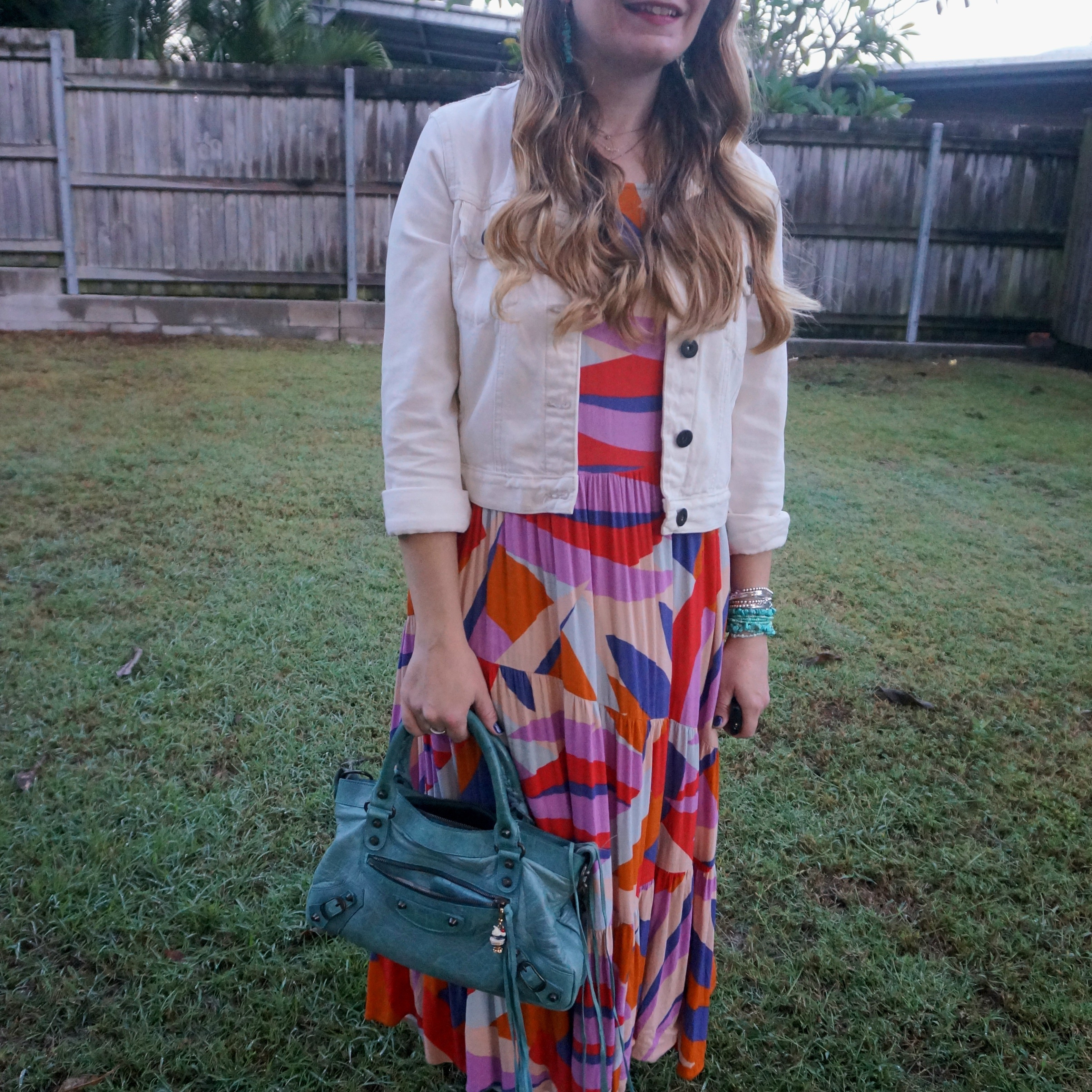 White denim jacket with Balenciaga turquoise first bag and thrifted Mister Zimi symi print maxi dress 💙💕

#LTKautumn #LTKbag #LTKdresses