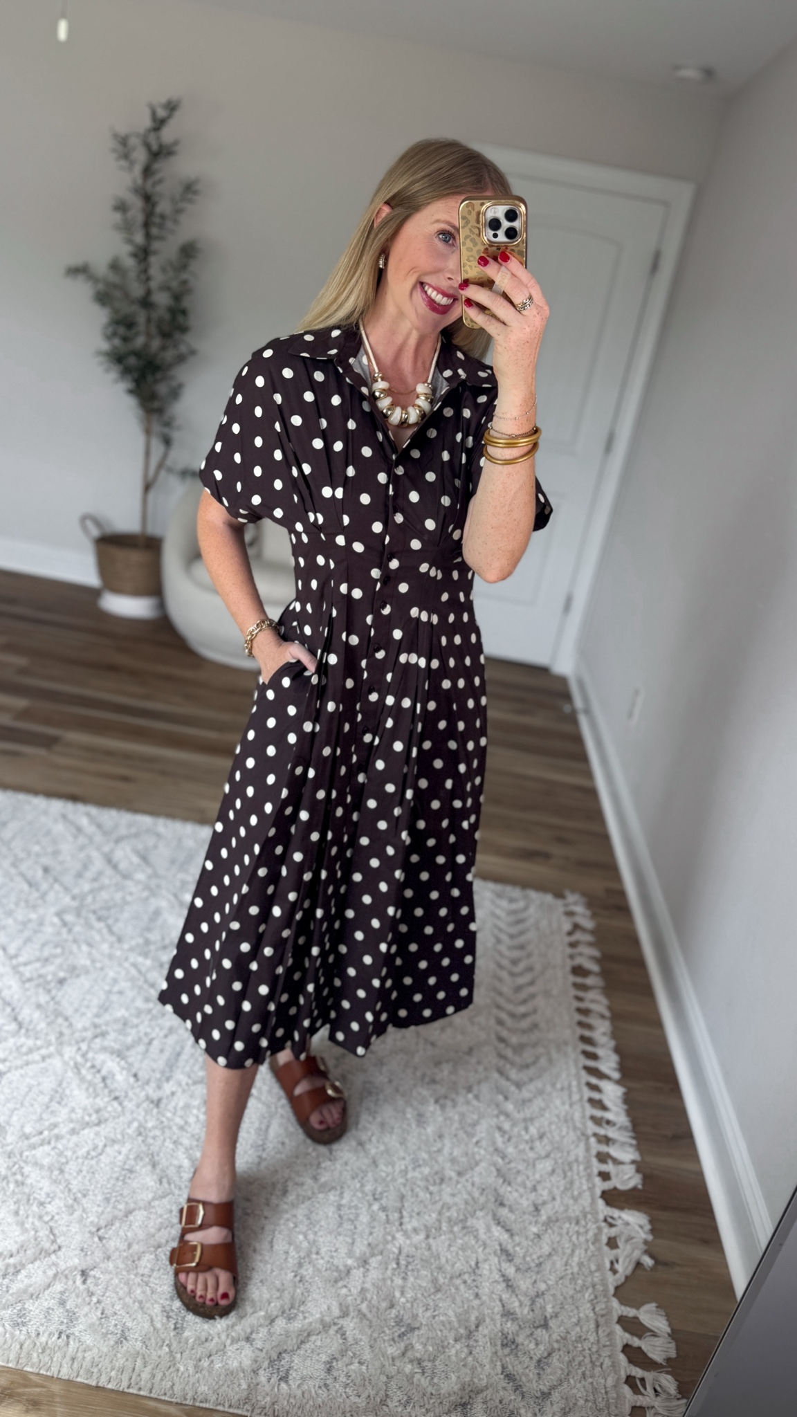 Daily try on, Walmart outfit, Walmart fashion, Walmart try on, brown polka dot dress, midi shirtdress

#LTKootd #LTKmomlife
