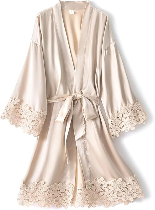 Women Lace Trim Robe Short Kimono Gown Silky Bathrobe for Bride Bridesmaid Nightgown | Amazon (US)
