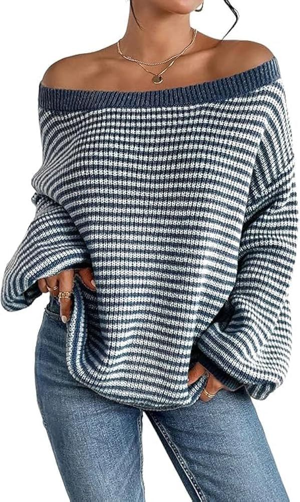 Women's Oversized Striped Sweater Casual Off The Shoulder Sweater Fall Long Sleeve Loose Knit Pul... | Amazon (US)