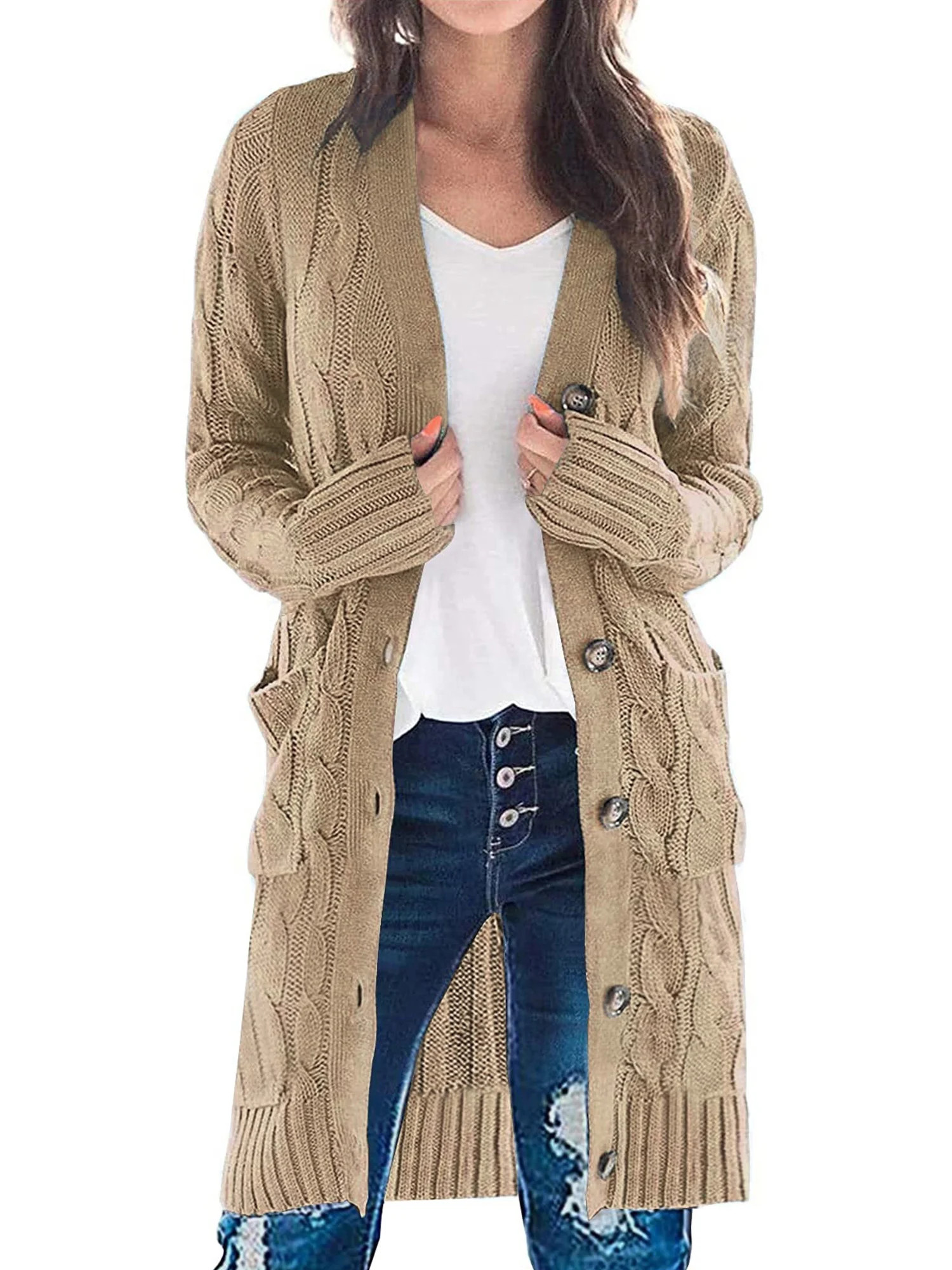 Womens Long Sleeve Cable Knit Long Cardigan Open Front Button Sweater Outerwear with Pockets | Walmart (US)