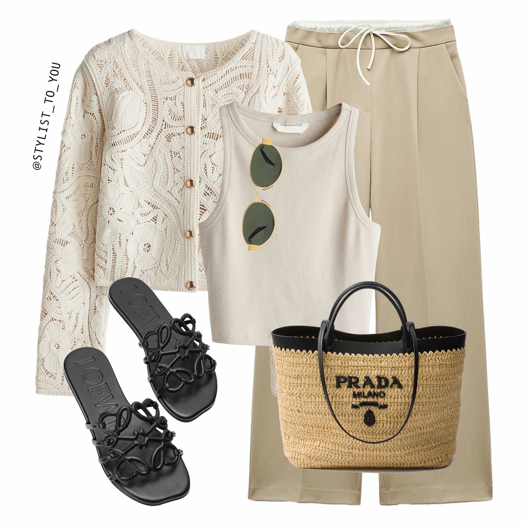 Crochet & neutrals 🍨🍨🍨

A sophisticated neutral-toned outfit with a cream crochet cardigan, beige ribbed tank top, and tailored wide-leg beige trousers with a drawstring waist. Accessories include black Loewe knot-detail sandals, a Prada raffia tote bag, and gold-framed round sunglasses, creating an effortlessly elegant and summery look.
Fashion, Style, Outfit Inspo, Crochet Cardigan, Boho Chic, Casual Outfit, Neutral Tones, Denim Outfit, Street Style, Summer Fashion, Spring Outfit, Capsule Wardrobe, Wardrobe Staples, Outfit Ideas, Chic Style, Elegant Look, Relaxed Style, Minimalist Outfit, Resort Wear, Travel Outfit, Weekend Look, Fashion Blogger, OOTD, Trendy Outfit, Timeless Fashion, Versatile Wardrobe, Fashion Trends, European Style, Everyday Chic, Effortless Fashion, Outfit Goals, Luxury Fashion, Designer Accessories, Summer Wardrobe, Classic Style, Comfortable Chic, Modern Boho, Neutral Aesthetic, Fashion Inspiration, Sustainable Fashion

#LTKluxury #LTKmodest #LTKover50style