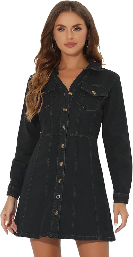 Allegra K Women's Denim Dress Button Down Collar V Neck Long Sleeve A-line Cotton Jean Dress | Amazon (US)