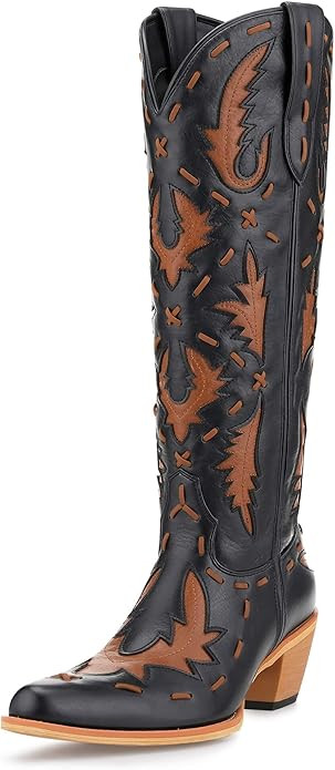 JORISTIMO Cowboy Boots for Women, Knee High Pointed Toe Chunky Heel Boot Zipper with Western Embr... | Amazon (US)