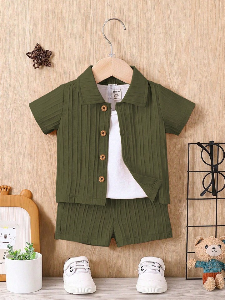Baby Boy Solid Button Front Shirt & Shorts Without Tee | SHEIN