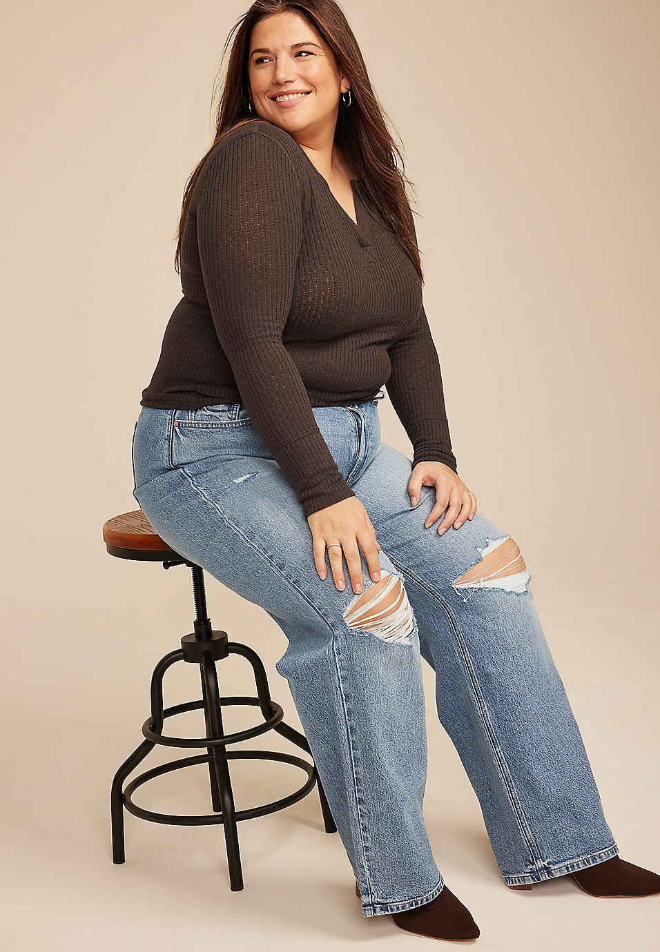 Plus Size edgely™ High Rise Open Ripped Wide Leg Jean | Maurices