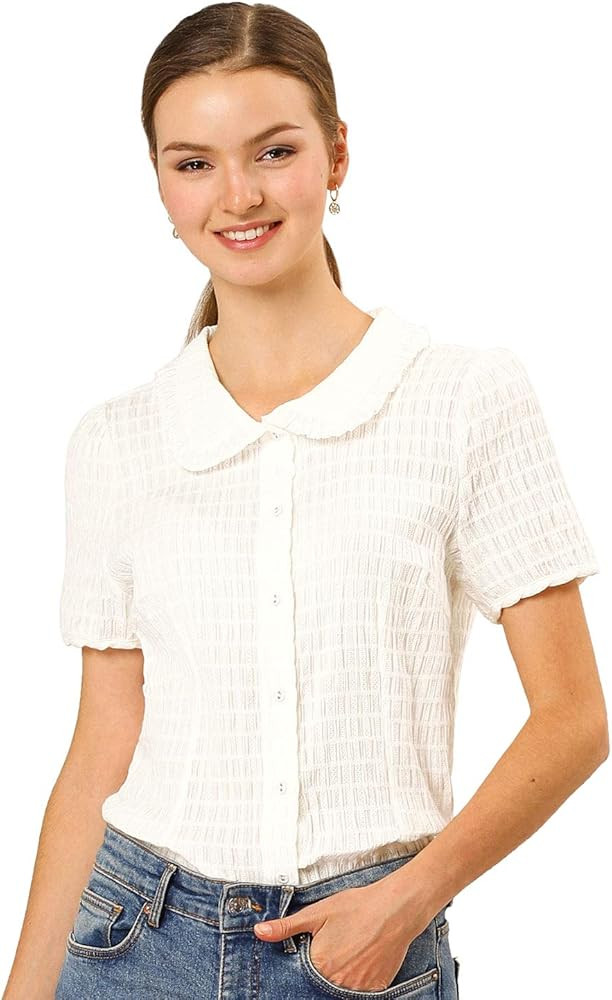Allegra K Women's Sweet Peter Pan Collar Button Down Soft Shirt Blouse | Amazon (US)