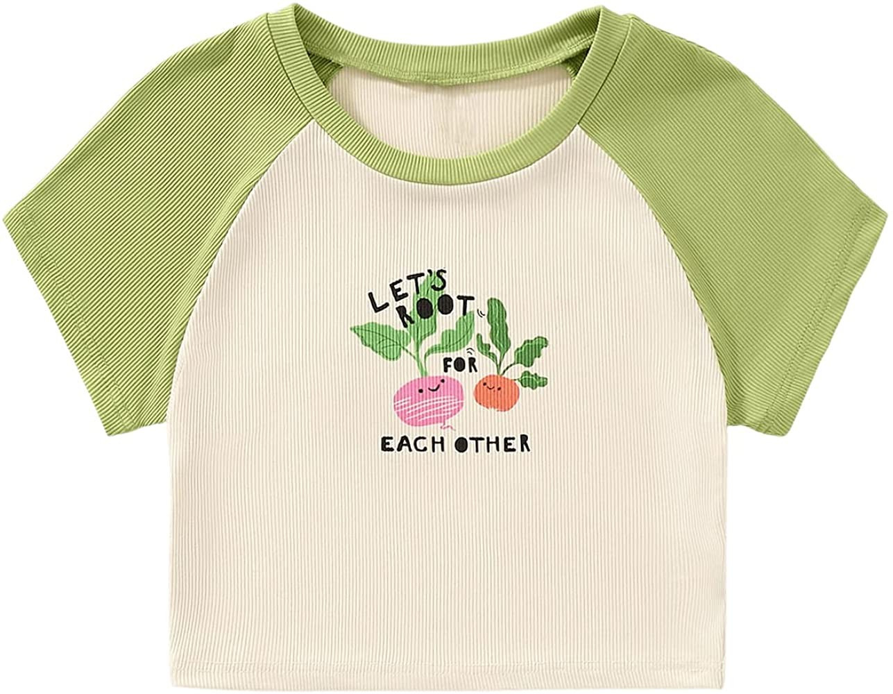 SweatyRocks Women's Short Sleeve Graphic Print Crop Top Ribbed Knit Round Neck Tee Shirt | Amazon (US)