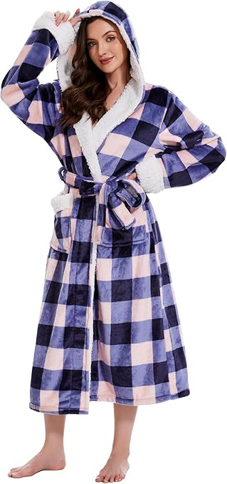 Plush Robes for Women, Hooded Bathrobe Long Fluffy, Womens Fuzzy Fleece Warm Soft Cozy Robe | Amazon (US)