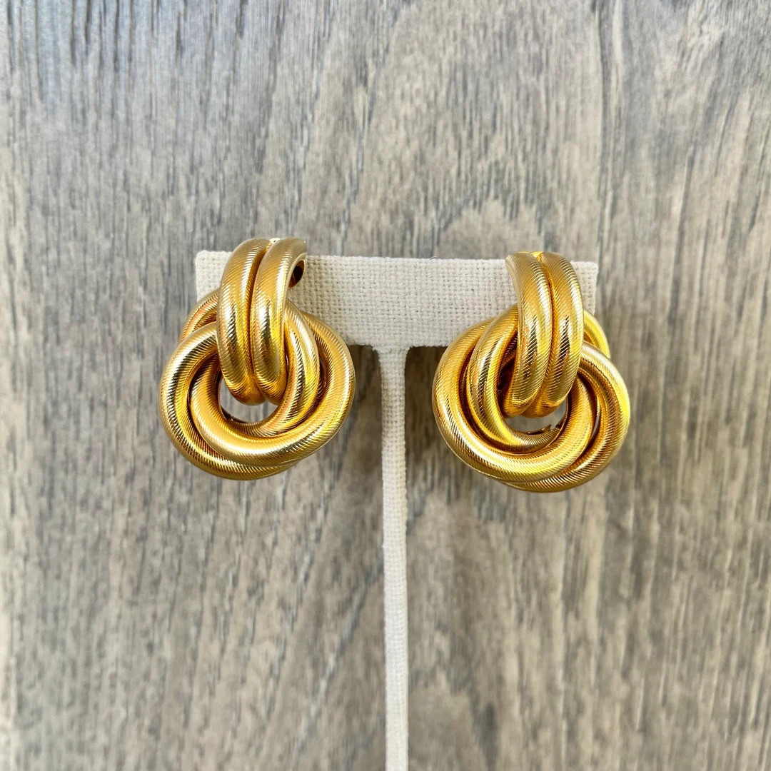 Vintage Gold Tone Knot Tubular Textured Hollow Statement Clip on Earrings - Etsy | Etsy (US)