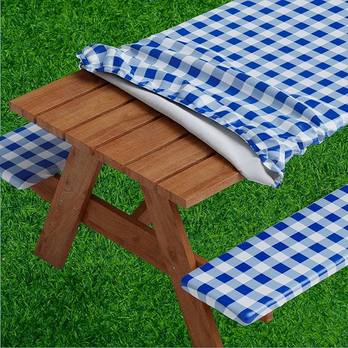 Sorfey Picnic Table Cover with Bench Covers -Fitted with Elastic, Vinyl with Flannel Back, Fits f... | Amazon (US)