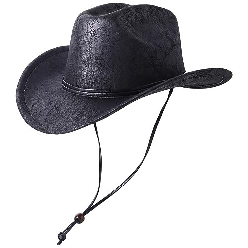 Lanzom Women Men Leather Western Hat Cowboy Hat Cowgirl hat Wide Brim Hat with Lanyard (B-Black, One Size) | Amazon (US)