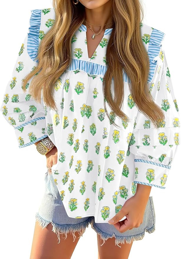 Tankaneo Womens Floral Babydoll Blouse Puff Sleeve Peplum Tops Casual Ruffle V Neck Flowy Boho Cu... | Amazon (US)