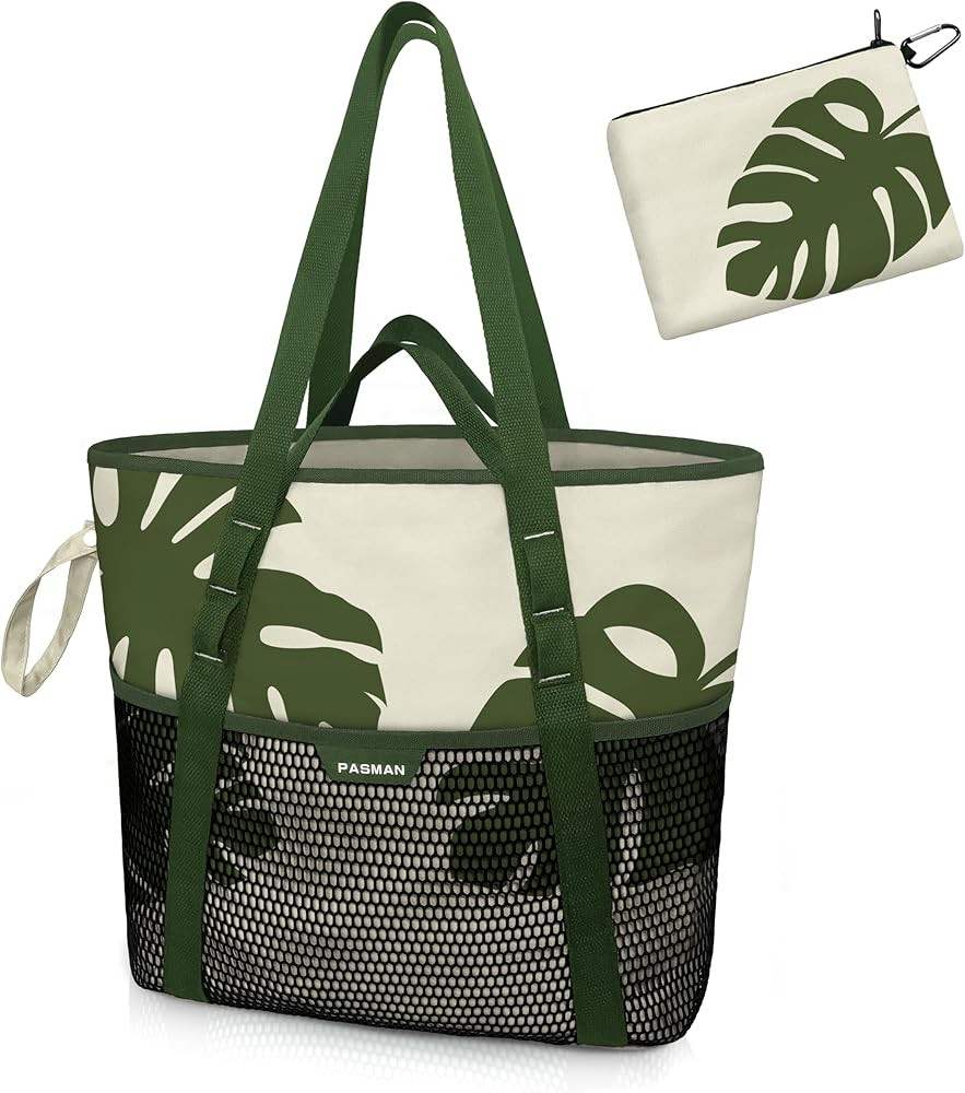 Beach Bag with Zipper - 8 Pockets Sandproof Beach Tote Bag for Women,Foldable Lightweight Family ... | Amazon (US)