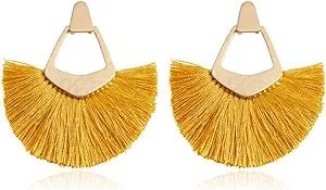 RIAH FASHION Bohemian Silky Thread Tassel Statement Drop Earrings - Geometric Strand Fringe Diamo... | Amazon (US)