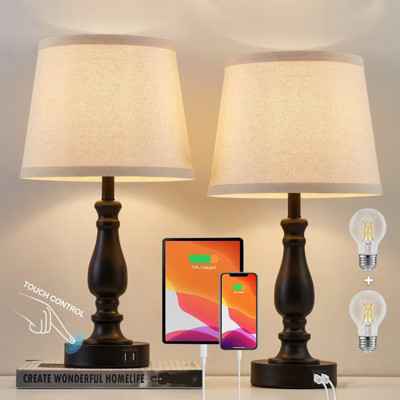 GTCLIGHTING Table Lamps Set of 2,Dimmable Touch Lamps for Bedroom with USB Charging Ports, Modern Small Lamp for Nightstand, Living Room,Black | Target