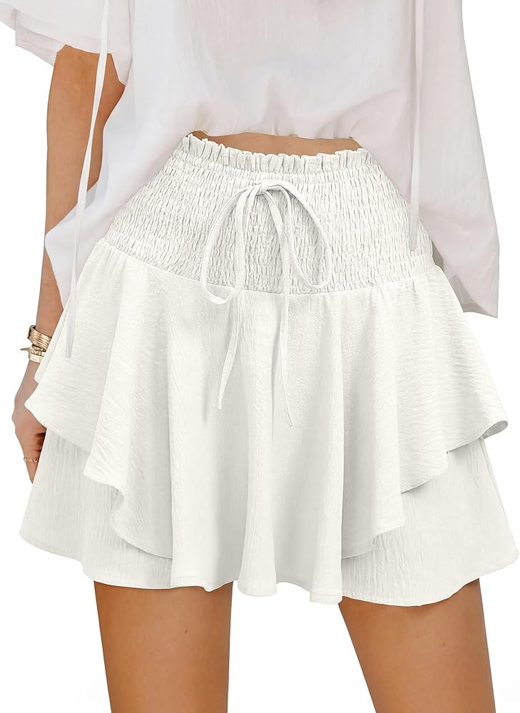 Caracilia Summer Shorts for Women Flowy Mini Skirts Elastic High Waist 2026 Tiered Ruffle Casual ... | Amazon (US)