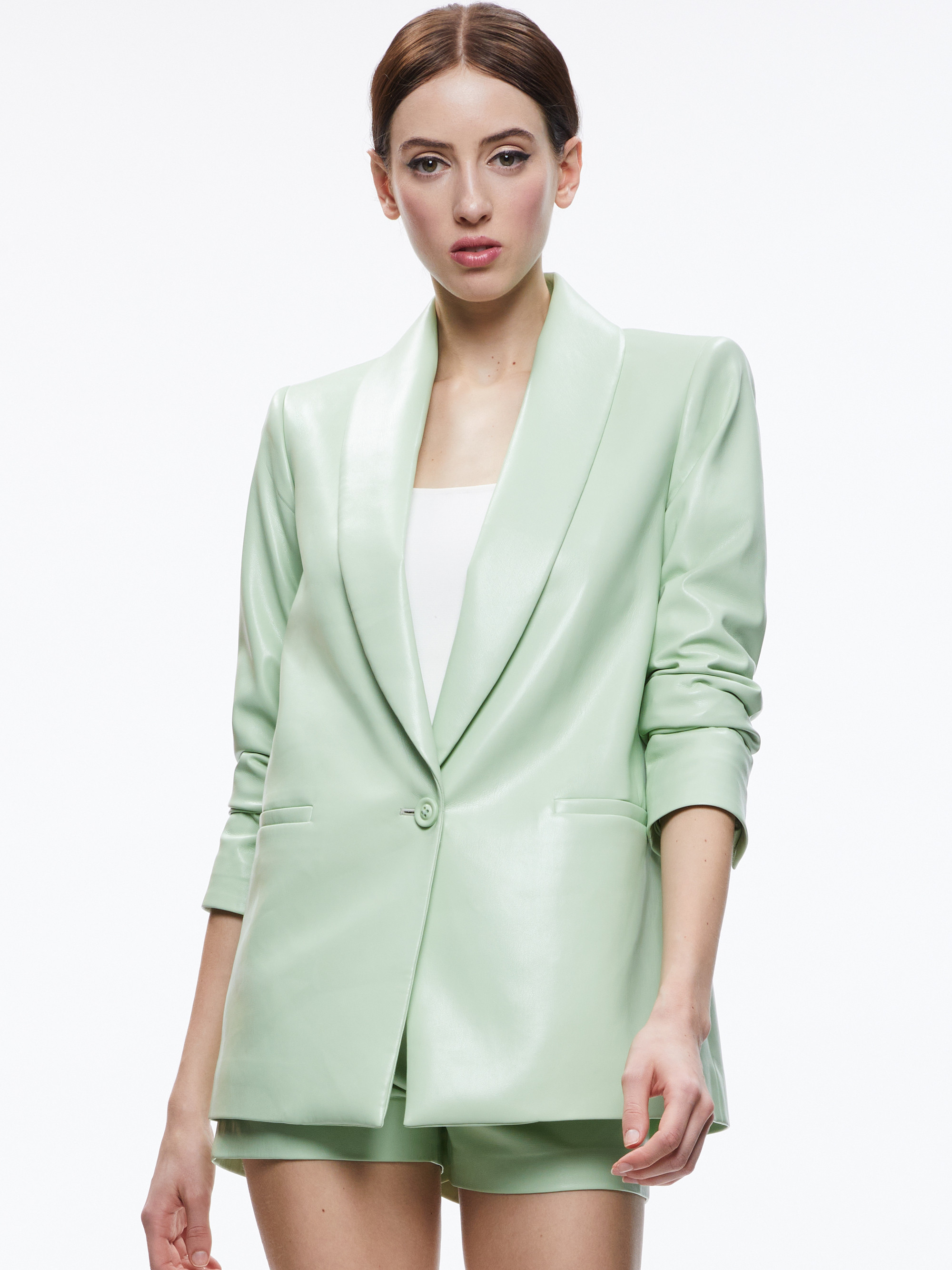 DENNY VEGAN LEATHER SHAWL COLLAR BLAZER | Alice + Olivia