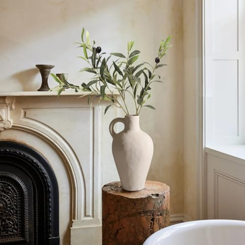 Vintage Ceramic Vase with Olive Branches, White Rustic Vase with Handle and Greenery Plants Twigs for Home Decor Floral Arrangement Housewarming Hostess Gift | Amazon (US)