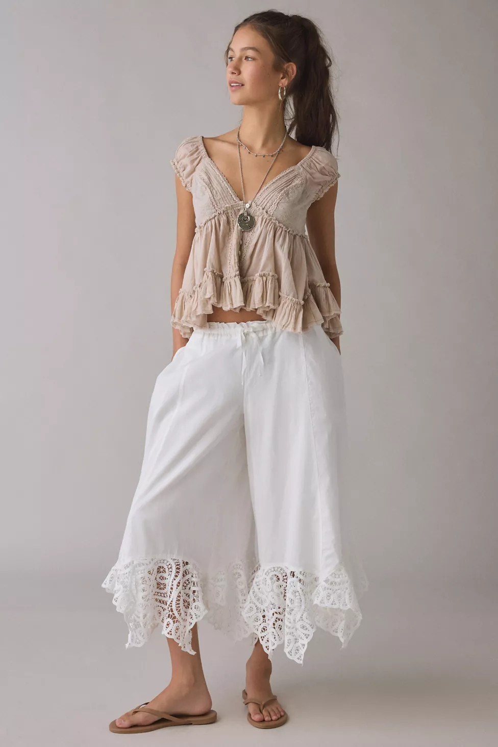 Kimchi Blue Pinky Promise Lace Trim Wide Leg Pant | Urban Outfitters (US and RoW)