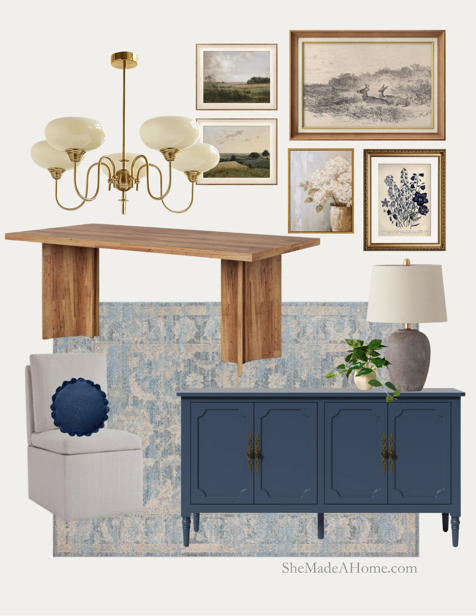 Navy & Natural Dining Room – Classic Meets Cozy 💙🤎
This dining room design blends the richness of navy with the warmth of natural wood tones for a timeless, collected look. A rustic trestle table anchors the space, while a navy sideboard adds storage and style. Layered vintage-style art, a soft blue patterned rug, and mixed textures in lighting, seating, and accessories bring depth and personality.

🍽 Shop the exact pieces I used to create this budget-friendly, designer-inspired dining room — all linked below so you can recreate it in your own home.

#LTKHome #DiningRoomInspo #NavyDiningRoom #ClassicStyle #SheMadeAHome #RoomRecipe #BudgetFriendlyHome #ShopTheLook 

 #LTKHome