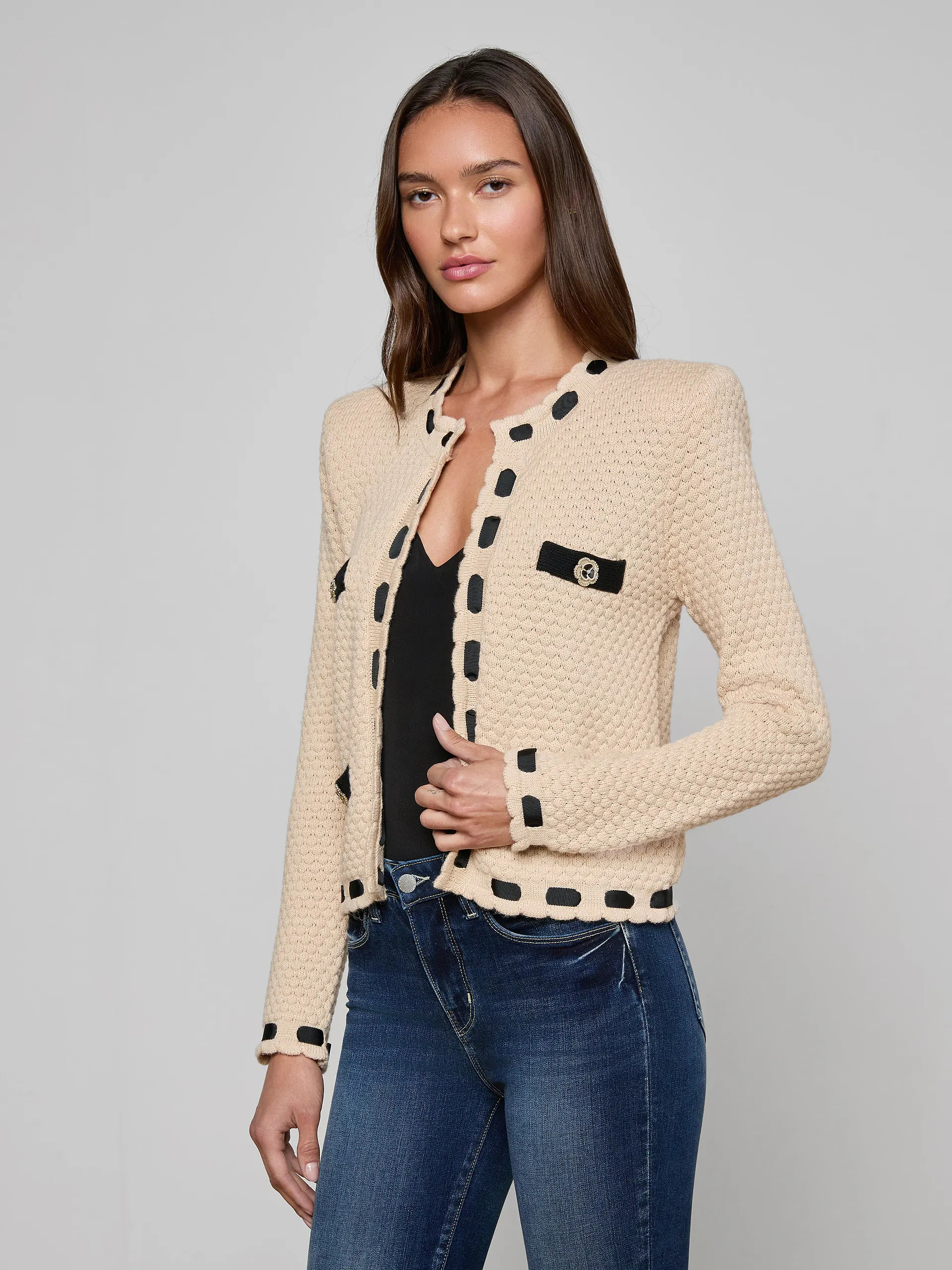 Astor Cardigan in Biscuit/Black | L'AGENCE | L'Agence