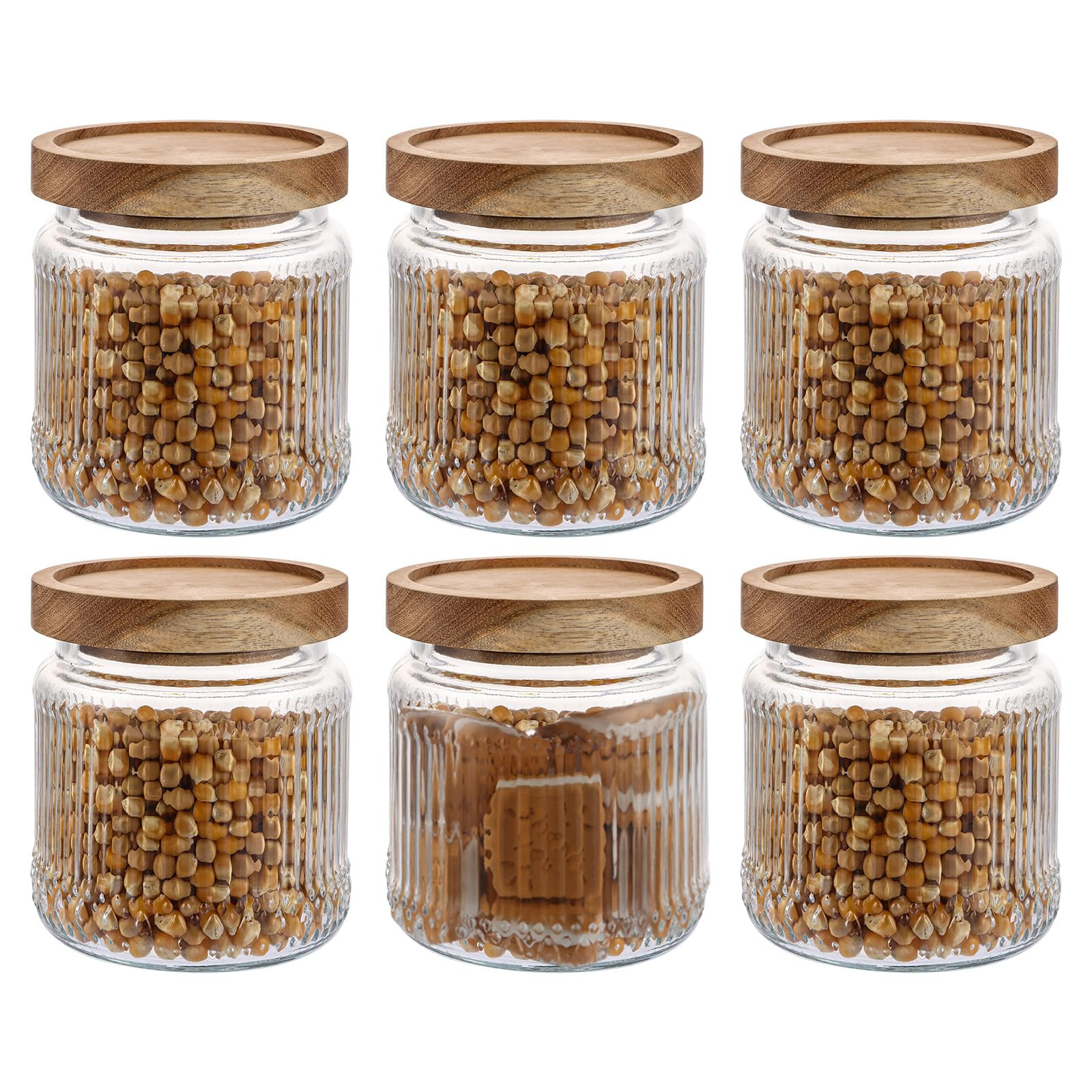 6 Pcs Ribbed Glass Jar with Wooden Lid, 500ml Ribbed Storage Container, Airtight Glass Jar Set fo... | Amazon (UK)