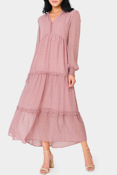 Long Sleeve Printed Chiffon Tiered Maxi Dress | Gibson