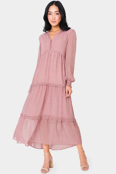 Long Sleeve Printed Chiffon Tiered Maxi Dress | Gibson