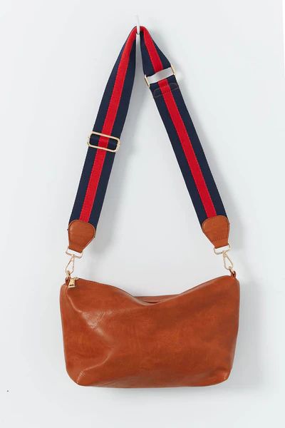 Camel Vegan Pouch Bag + Navy/Red Stripe Strap Combo | Social Threads