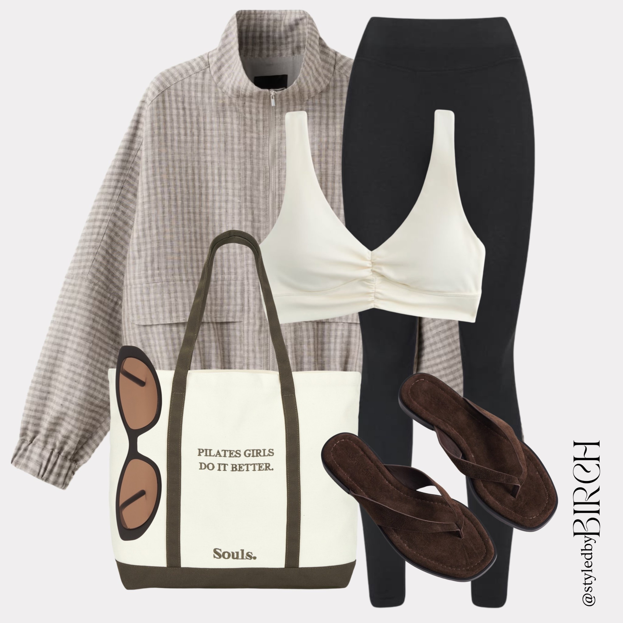 Let the bag do all the talking 🤎

Pilates girls do it better… this outfit.

#ootd #outfitinspo #pilatesgirl #pilateslife #chicstyle

Tags 🏷️
Grey check zip shirt, cream ruched crop top, black high waist leggings, brown suede flip flops, cream tote bag with text, brown oval sunglasses

#LTKsummer #LTKeurope #LTKfitness