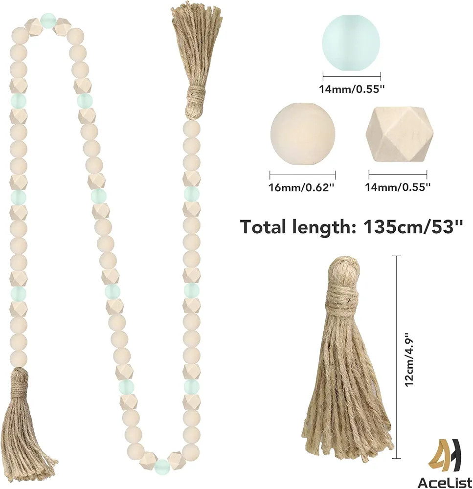 AceList Wood Bead Garland with Tassels, Geometric Wooden Craft Beads with Aqua Acrylic Beads, Boh... | Amazon (US)