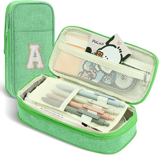Preppy Pencil Case for School Supplies, Large Initial Pencil Pouch with Zipper, Cute Pencil Bag f... | Amazon (US)