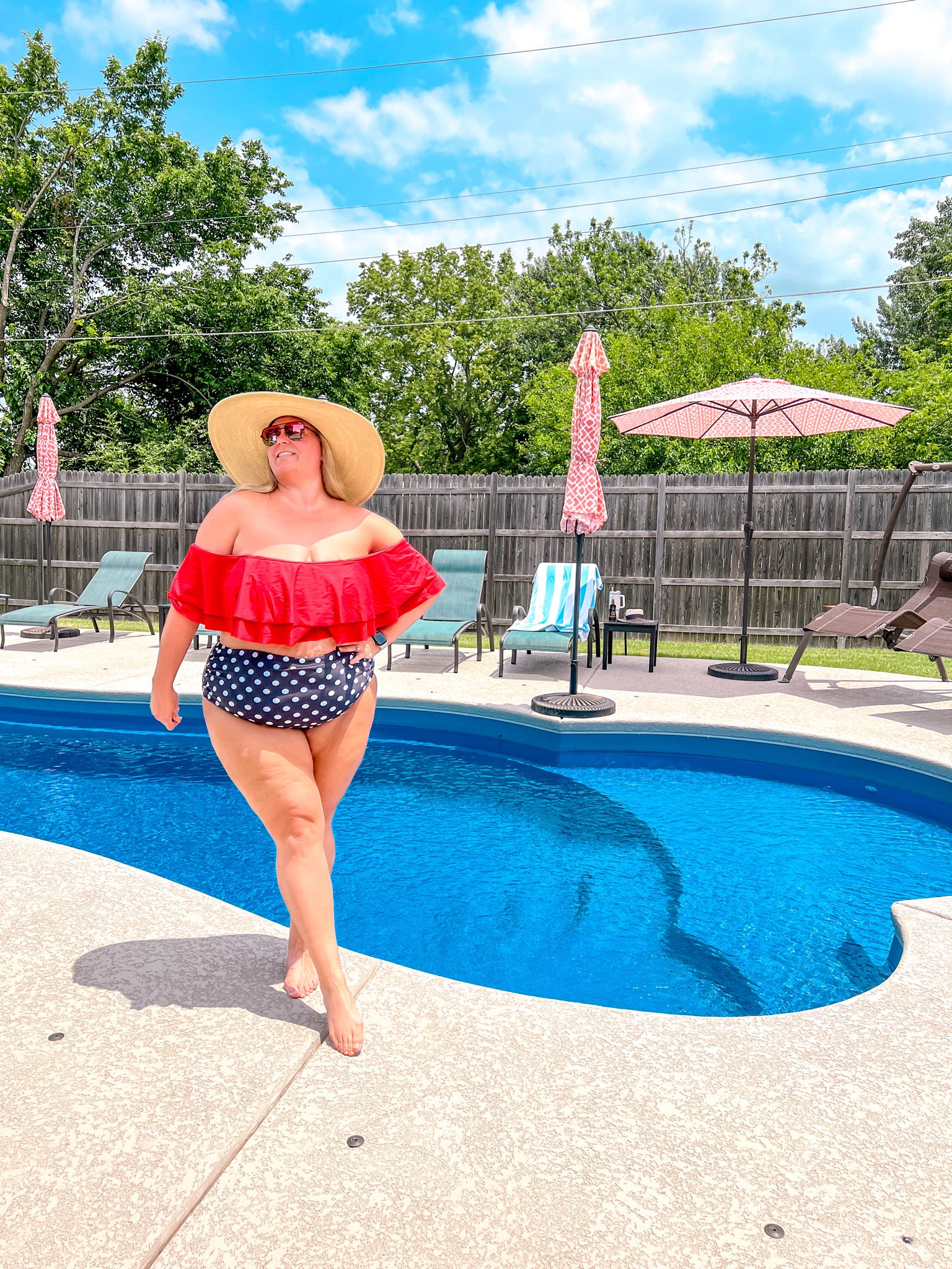 Plus size swimwear perfect for a day poolside or at the beach. The ruffle top is so flattering and was the perfect swimsuit to feel more comfortable in a bikini. The bottoms have ruching and are high waisted. Fit TTS and come in so many prints and colors. 

#LTKOver40 #LTKSwim #LTKPlusSize