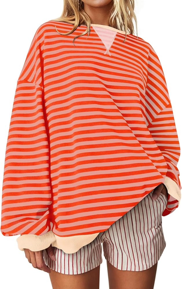 UEU Women Striped Oversized Sweatshirt Color Block Crewneck Long Sleeve Pullover Top Fashion Tren... | Amazon (US)