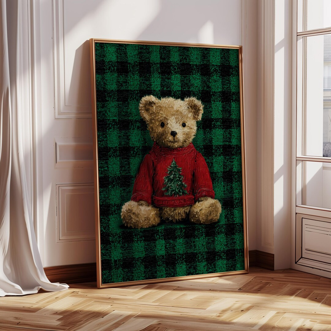 Christmas Teddy Bear Print: Cozy Plaid Holiday Wall Art - Etsy | Etsy (US)