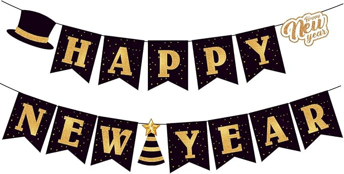 Happy New Year 2025 Banner, Black and Gold Happy New Year Party Supplies, Hanging Bunting for New... | Amazon (US)