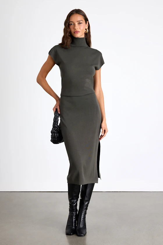 Ashford Grey Turtleneck Short Sleeve Sweater Midi Dress | Lulus