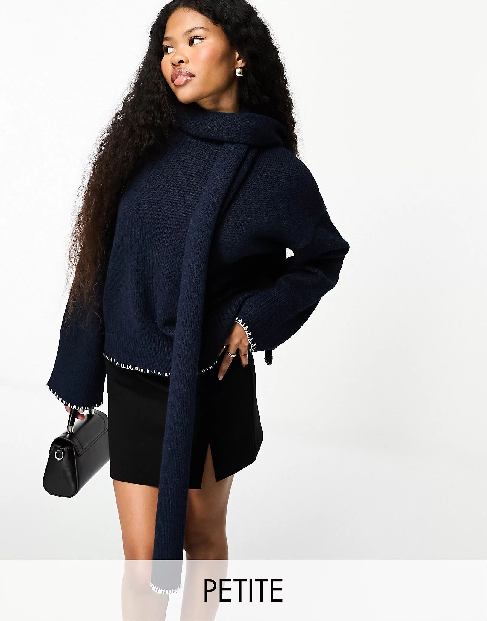 4th & Reckless Petite exclusive oversized contrast stitch jumper with scarf in navy | ASOS | ASOS (Global)