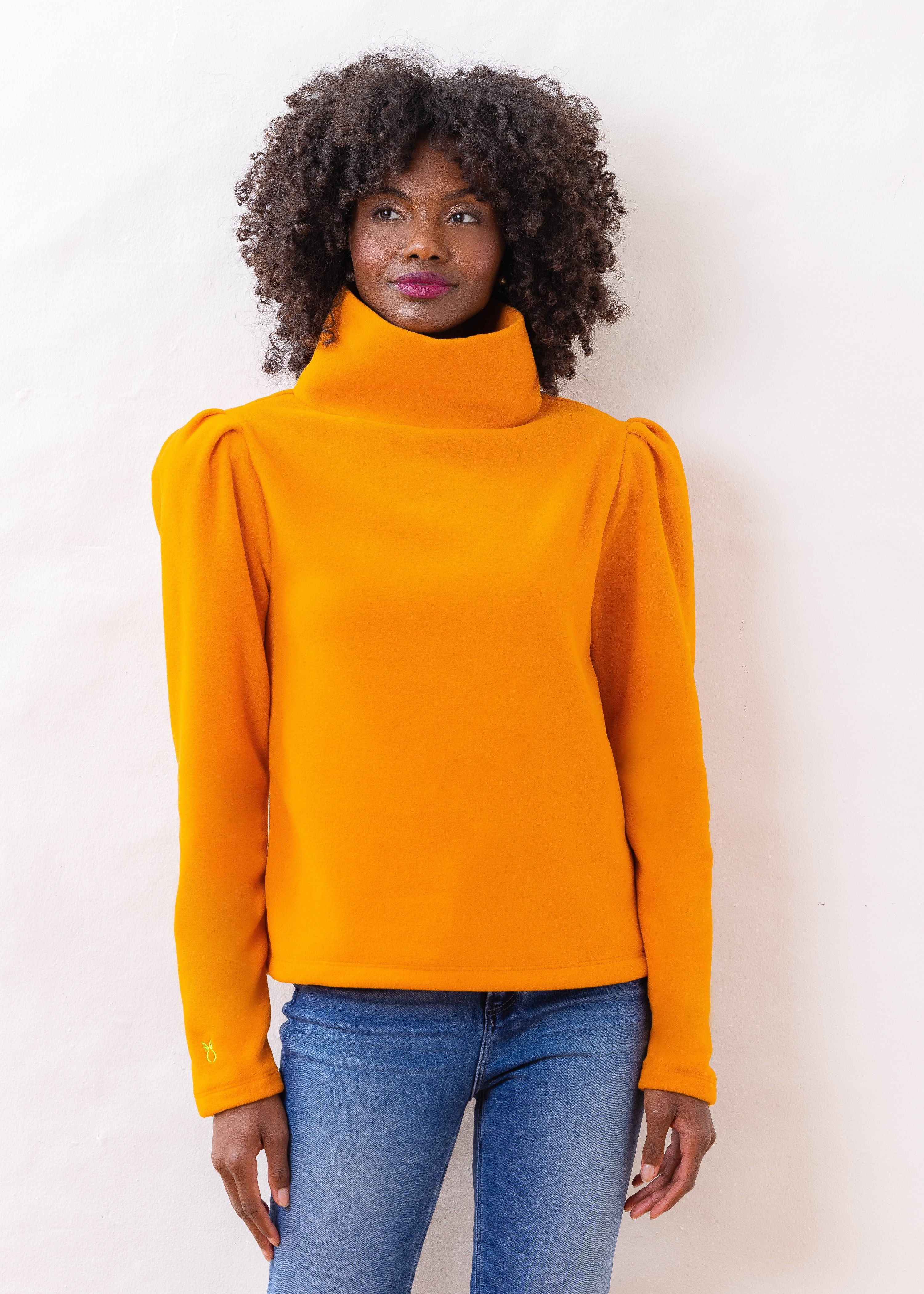 Palmer Puff Sleeve Turtleneck in Vello Fleece (Pumpkin) | Dudley Stephens
