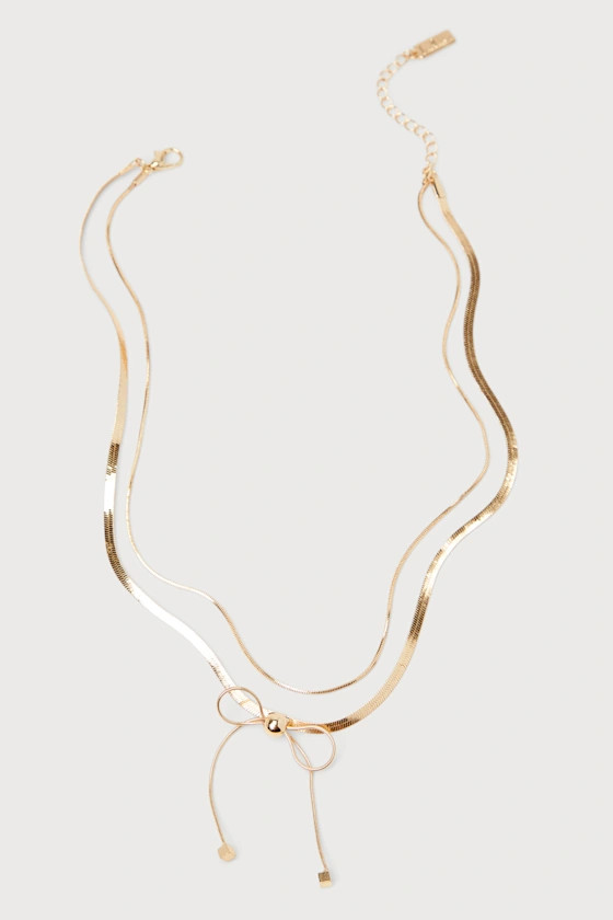 Bow-ing Out Gold Bow Herringbone Chain Layered Necklace | Lulus (US)
