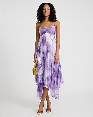 Printed Pleated Tie Halter Sweetheart Asymmetrical Midi Dress | Express