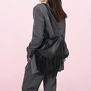 Black Fringe Purse Crossbody Bag for Women, Vintage Stud Large Fringe Crossbody Purse, Leather Bo... | Amazon (US)